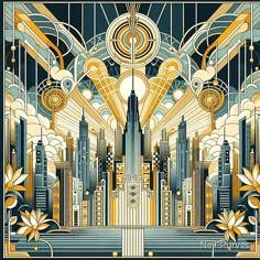 an art deco poster with gold and black architecture in the background, including skyscrapers