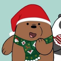 a cartoon bear wearing a santa hat next to a panda holding a christmas ornament