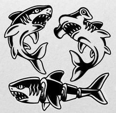 three shark stickers on white paper with black ink