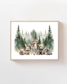 a watercolor painting of animals in the woods with pine trees behind them, on a white wall