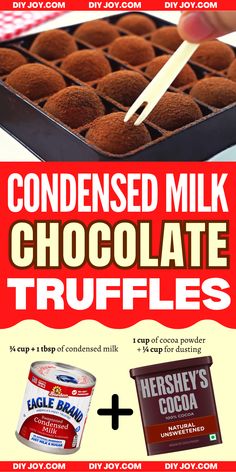 chocolate truffles are being served in a tray with the words condenseed milk chocolate truffles