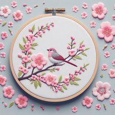 a small bird is sitting on a branch with pink flowers