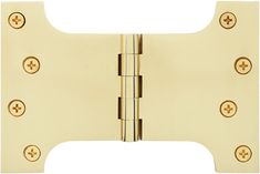 a brass plated door hinge with four round holes on the front and sides