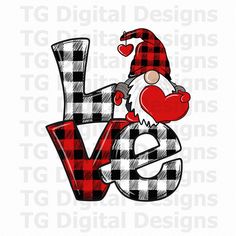 the word love in buffalo plaid with santa hat and heart on it's chest