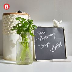 a potted plant sitting next to a chalkboard with the words still rosemary sage basil written on it