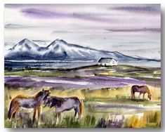 two horses grazing in a field with mountains in the background, watercolor on paper