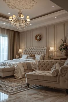 a bedroom with a bed, couch and chandelier in the middle of it