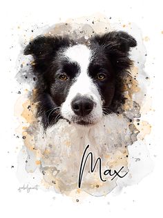 a black and white dog's face with the word max written in cursive writing