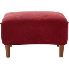 a red foot stool with wooden legs