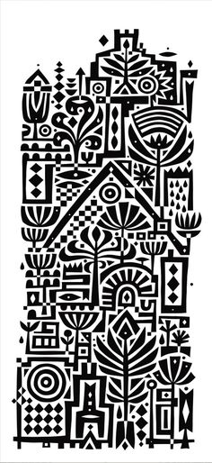 an abstract black and white pattern with geometric shapes on the bottom, in front of a white background