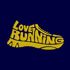 a pair of yellow sneakers with the words love running on it, against a dark blue background