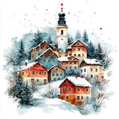 a watercolor painting of a village in the snow with trees and buildings on it