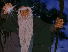 an animated wizard holding a staff and pointing at something in the air with one hand