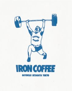 an iron coffee logo with a man lifting a barbell