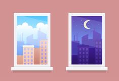 two windows with cityscape and moon in the window sill, one is empty