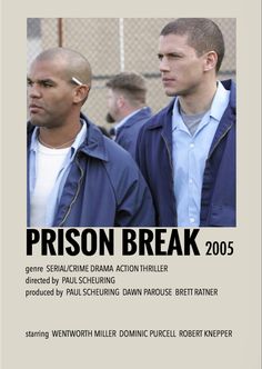 two men standing next to each other in front of a chain link fence with the words prison break on it