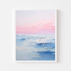 a painting on a white wall with pink and blue clouds in the sky above it