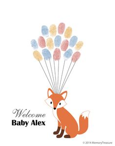 a baby fox holding balloons with the words welcome baby alex on it's back