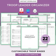 the printable troop leader binder is shown in five different colors, including purple and green