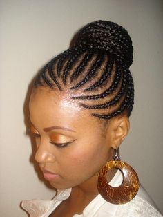 This is an example of cornrows in a bun to help protect your hair from winter damage Short Hair Styles African American, Natural African American Hairstyles, American Hairstyles, Braided Hairstyles Updo, Penteado Cabelo Curto, Braids For Black Women