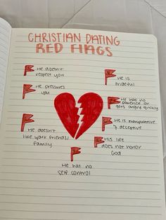 an open notebook with writing on it and a drawing of a heart that says christian dating red flags