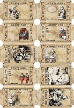 four old - fashioned movie tickets with images of alice and the wonderland characters on them