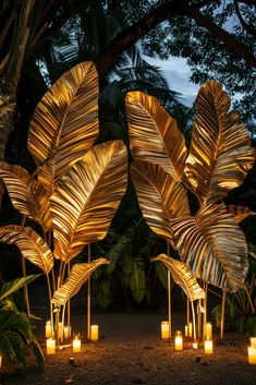 candles are lit in the shape of palm leaves as they stand next to each other