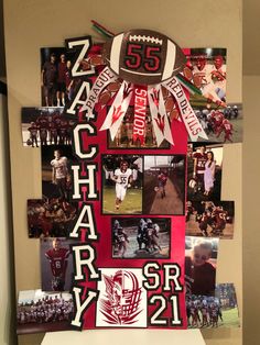 a football themed collage with photos and letters on the wall in front of it