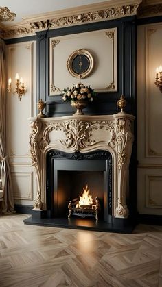 an ornate fireplace in the middle of a room