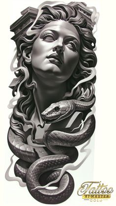 a drawing of a woman's face with snakes around her neck and the head of a