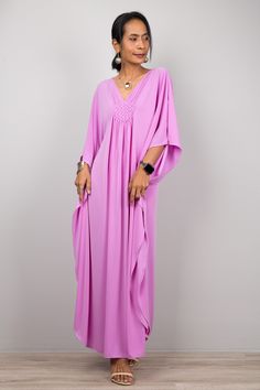 "Pink purple Maxi Dress, Petite kaftan, Evening Dress for small, Maternity dress, pre wedding dress, loose fit dress, summer caftan dress Petite to Small version : up to US 12 - UK 14 - EU 40 * Chest : up to 42\" * Waist : free up to 42\" * Hips : free up to 42\" * Length : 50.5\" from shoulder to hem MATERIAL  * ITY Polyester * No lining  Elegant Collection --> Produced by NUICHAN & Co   MODEL :  * Model chest : 32\", waist : 24\" hips : 35\"  * Combined Height is 5\"6 > I'm 5\"2 (158cm) and I' Elegant Pink V-neck Kaftan, Elegant Summer Maxi-length Thobe, Elegant Summer Maxi Thobe, Chic Pink Kaftan For Beach Cover-up, Elegant Maxi Length Summer Thobe, Elegant Beach Abaya For Spring, Elegant Abaya For Vacation, Elegant Spring Beach Abaya, Elegant Maxi Length Abaya For Vacation