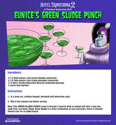 the green sludge punch recipe is shown in purple and green colors, with glasses filled with liquid