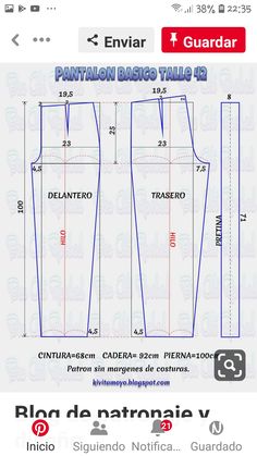 the pattern is shown in spanish and it shows how to cut out the pants for each individual