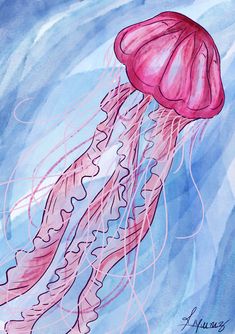 a painting of a pink jellyfish floating in the water