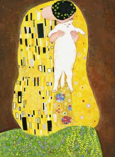 Painting of a man embracing a chunky kitty cat in a golden robe Kiss Painting, Kiss Art, 그림 그리기, Cat Memes, Cat Art, A Cat