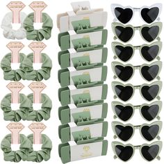 heart shaped sunglasses and bow clips are shown in various shapes, sizes and colors with labels on them