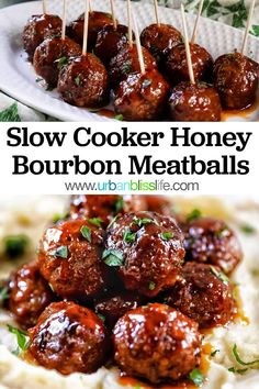 slow cooker honey bourbon meatballs on top of mashed potatoes