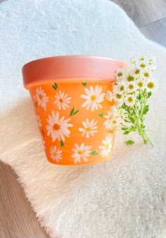 an orange flower pot sitting on top of a white rug