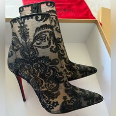 Never Worn Black Gipsy Zippered Booties In Size 36.5 Black Embroidered Lace Over Nude Sheer Mesh. Actually Comfortable For Louboutin. Comes In A Original Box And Dust Bag. Heel Height: 100mm Embroidered Closed Toe Party Boots, Fitted Black Heels For Galas, Black Embroidered Evening Heels, Elegant Party Boots With Embroidery, Party High Heel Embroidered Boots, Embroidered Fitted High Heels, Elegant Embroidered Pointed Toe Boots, Embroidered Heels For Evening, Embroidered Evening Heels