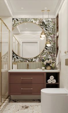 a bathroom with a mirror, sink and toilet in it's centerpieces