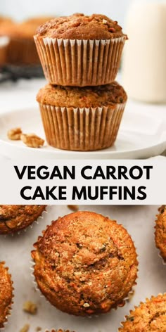 vegan carrot cake muffins stacked on top of each other