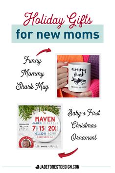 holiday gifts for new moms and baby's first christmas ornament with text overlay