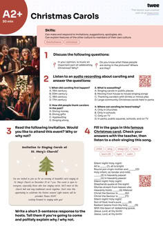 the christmas carols page is shown in red and white, as well as an info sheet