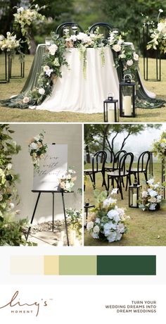 a wedding ceremony with white flowers and greenery on the table, surrounded by green chairs