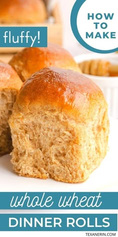 two rolls on a plate with the words how to make whole wheat dinner rolls below