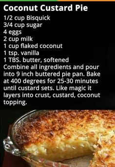 the recipe for coconut custard pie is shown in an image above it's description