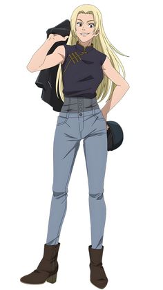 an anime character with long blonde hair wearing jeans and boots, holding a black backpack