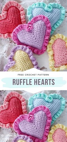 crocheted hearts with ruffled edges are shown in three different colors and sizes