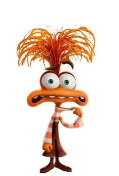 a cartoon character with big eyes and an orange feather on his head, standing in front of a white background