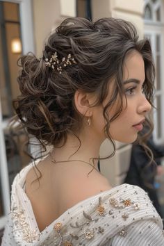 Elevate your messy bun with hair accessories. Bobby pins with pearls, clips with flowers, or a decorative hair tie can add a touch of elegance or fun. (DIY Tip: Choose accessories that complement your outfit and personal style). Non Traditional Wedding Hair, Fairytale Wedding Hairstyles, Curly Hair For Wedding, Curly Hair Styles For Wedding, Bridal Curly Hairstyles, Bridal Curly Hair, Italian Hairstyles Woman, Romantic Updo Wedding, Wedding Hairstyles Curly